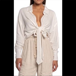 ISO🤍🤍🤍 JLUXLABEL ADELINA Front tie cotton & Linen top in IVORY SMALL